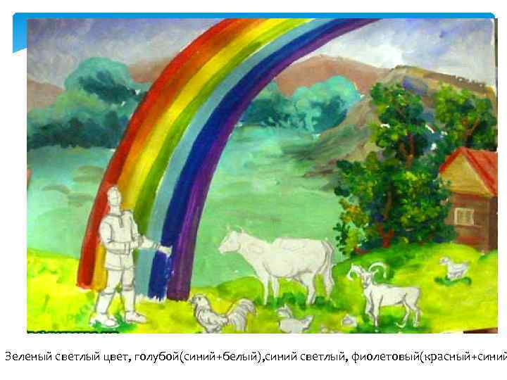 Зеленый светлый цвет, голубой(синий+белый), синий светлый, фиолетовый(красный+синий 