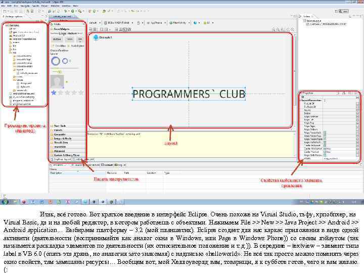 Итак, всё готово. Вот краткое введение в интерфейс Eclipse. Очень похоже на Visual Studio,