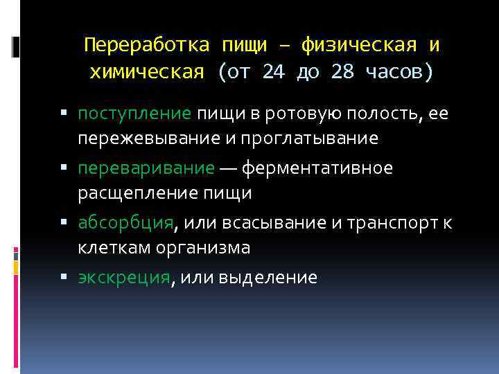 Переработка пищи – физическая и химическая (от 24 до 28 часов) поступление пищи в