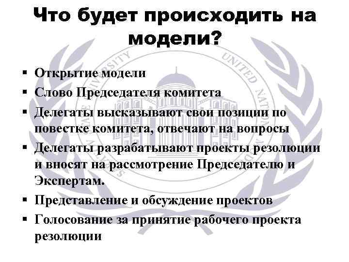 Что будет происходить на модели? § Открытие модели § Слово Председателя комитета § Делегаты