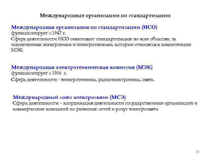 Международные организации по стандартизации Международная организация по стандартизации (ИСО) функционирует с 1947 г. Сфера