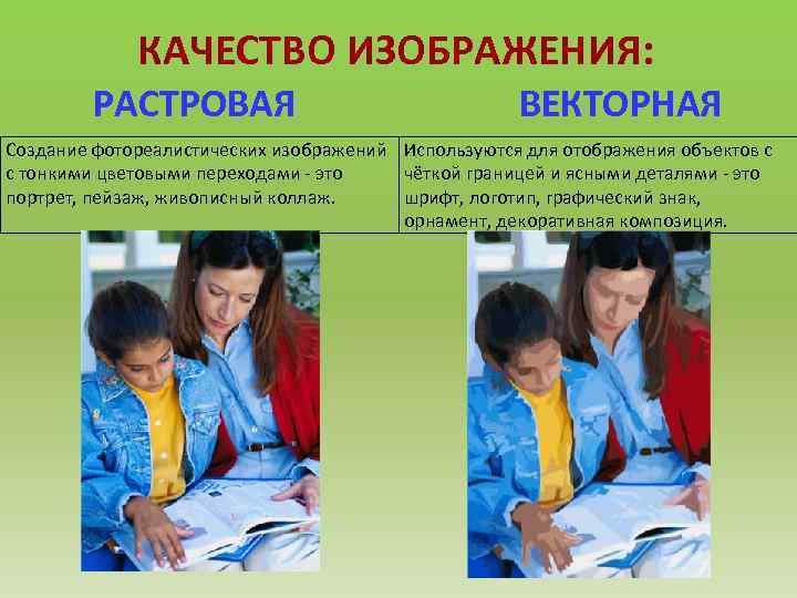 КАЧЕСТВО ИЗОБРАЖЕНИЯ: РАСТРОВАЯ ВЕКТОРНАЯ Создание фотореалистических изображений Используются для отображения объектов с с тонкими