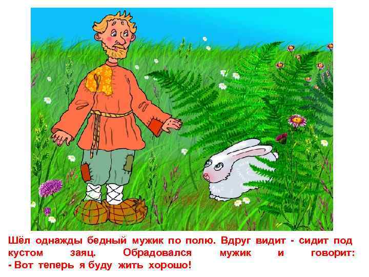 Шёл однажды бедный мужик по полю. Вдруг видит - сидит под кустом заяц. Обрадовался