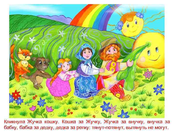 Кликнула Жучка кошку. Кошка за Жучку, Жучка за внучку, внучка за бабку, бабка за