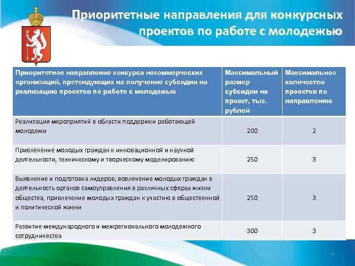 Приоритетные направления для конкурсных проектов по работе с молодежью Приоритетное направление конкурса некоммерческих организаций,