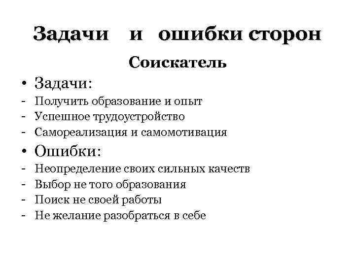 Задачи и ошибки сторон Соискатель • Задачи: - Получить образование и опыт - Успешное