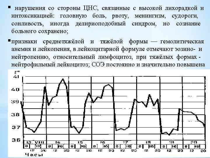 § нарушения со стороны ЦНС, связанные с высокой лихорадкой и интоксикацией: головную боль, рвоту,