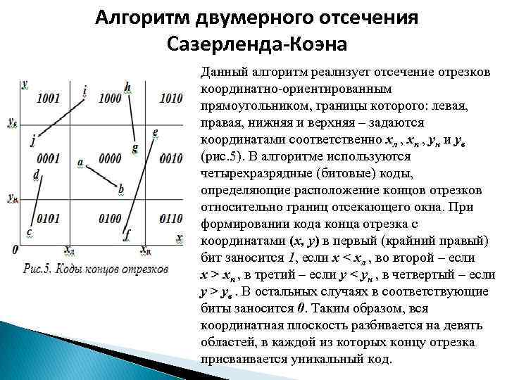 Алгоритм двумерного отсечения Сазерленда-Коэна Данный алгоритм реализует отсечение отрезков координатно-ориентированным прямоугольником, границы которого: левая,