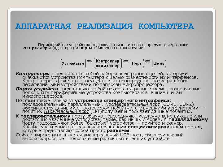 АППАРАТНАЯ РЕАЛИЗАЦИЯ КОМПЬЮТЕРА Периферийные устройства подключаются к шине не напрямую, а через свои контроллеры