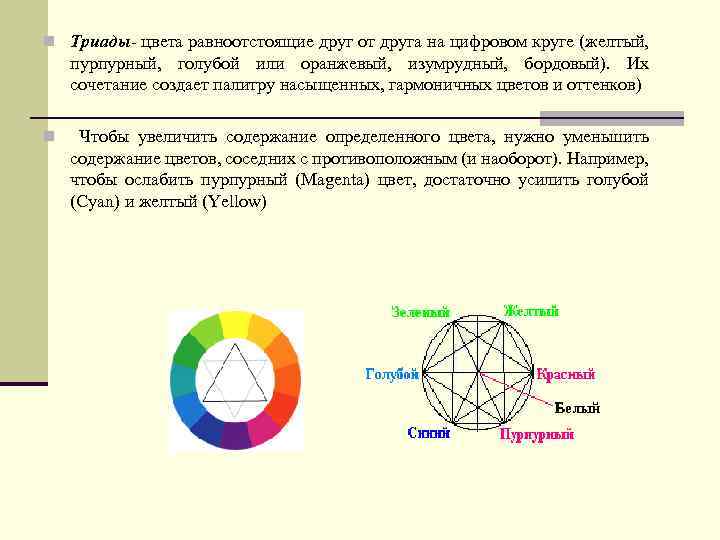 n Триады- цвета равноотстоящие друг от друга на цифровом круге (желтый, пурпурный, голубой или