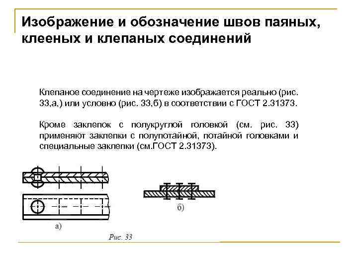 Изображение и обозначение швов паяных, клееных и клепаных соединений Клепаное соединение на чертеже изображается