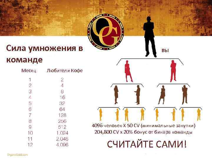 Сила умножения в команде Месяц ВЫ Любители Кофе 4096 человек Х 50 CV (минимальные