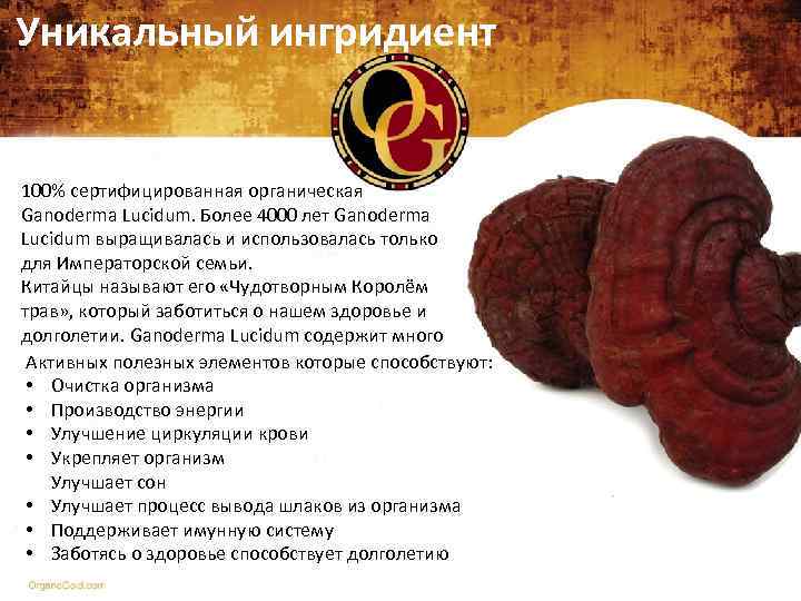 Уникальный ингридиент 100% сертифицированная органическая Ganoderma Lucidum. Более 4000 лет Ganoderma Lucidum выращивалась и