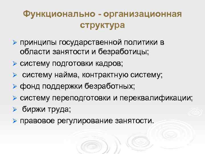 Функционально - организационная структура принципы государственной политики в области занятости и безработицы; Ø систему