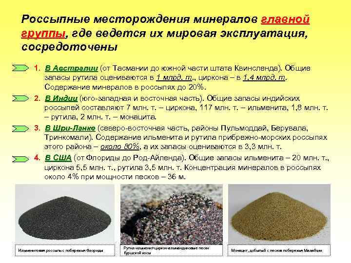 Россыпные месторождения минералов главной группы, где ведется их мировая эксплуатация, группы сосредоточены 1. В
