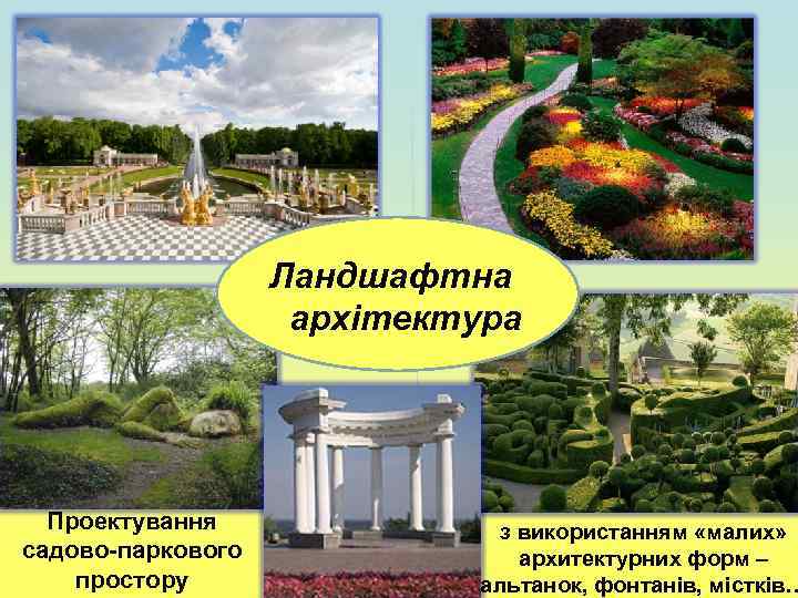  Ландшафтна архітектура Проектування садово-паркового простору з використанням «малих» архитектурних форм – альтанок, фонтанів,
