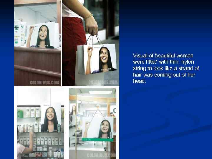 Visual of beautiful woman were fitted with thin, nylon string to look like a