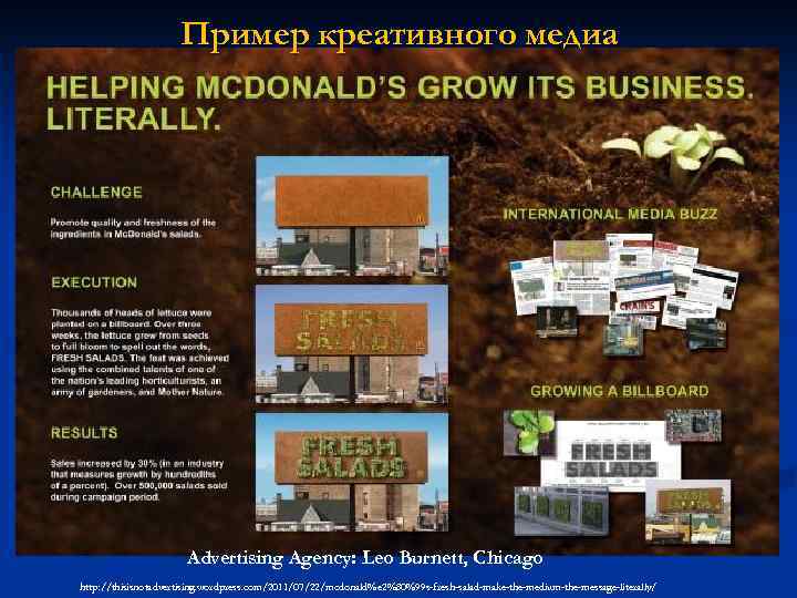 Пример креативного медиа Advertising Agency: Leo Burnett, Chicago http: //thisisnotadvertising. wordpress. com/2011/07/22/mcdonald%e 2%80%99 s-fresh-salad-make-the-medium-the-message-literally/