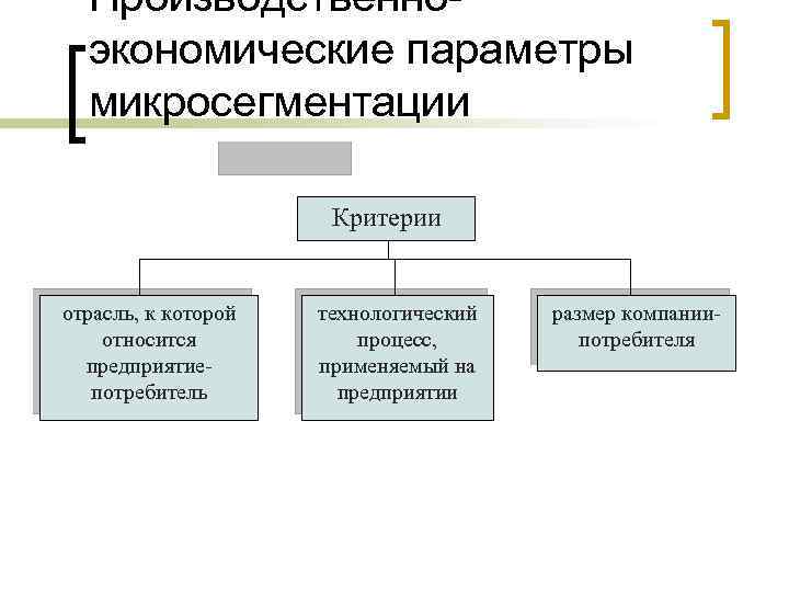 Производственноэкономические параметры микросегментации Критерии отрасль, к которой относится предприятиепотребитель технологический процесс, применяемый на предприятии