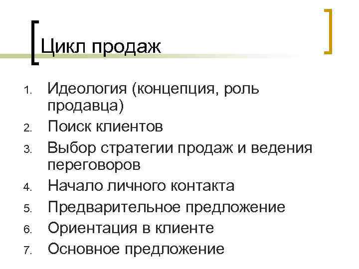 Цикл продаж 1. 2. 3. 4. 5. 6. 7. Идеология (концепция, роль продавца) Поиск