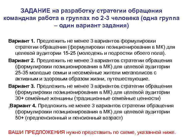 ЗАДАНИЕ на разработку стратегии обращения командная работа в группах по 2 -3 человека (одна