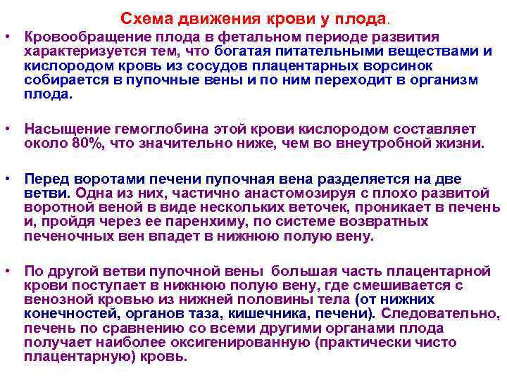 Схема движения крови у плода. • Кровообращение плода в фетальном периоде развития характеризуется тем,