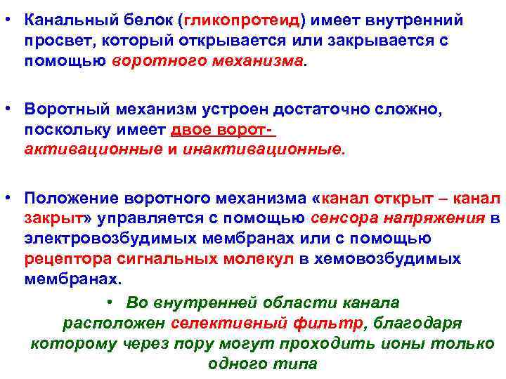  • Канальный белок (гликопротеид) имеет внутренний просвет, который открывается или закрывается с помощью