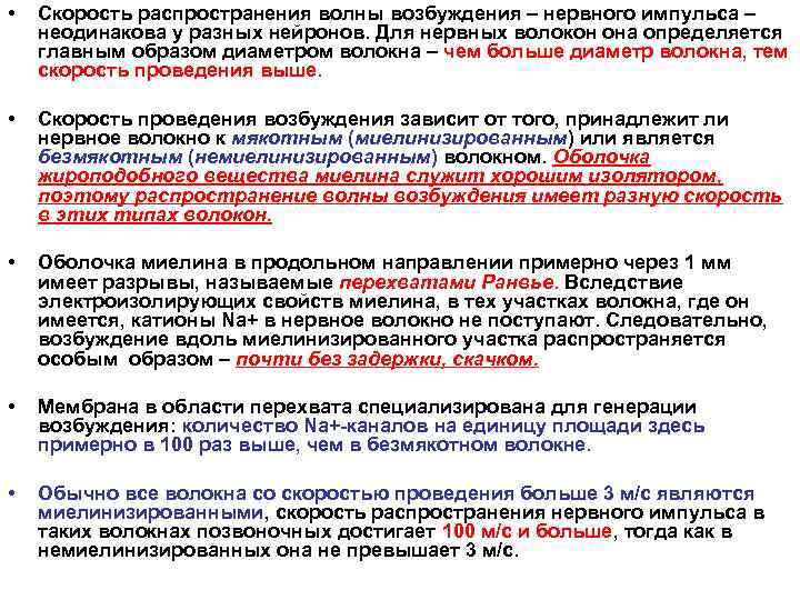  • Скорость распространения волны возбуждения – нервного импульса – неодинакова у разных нейронов.