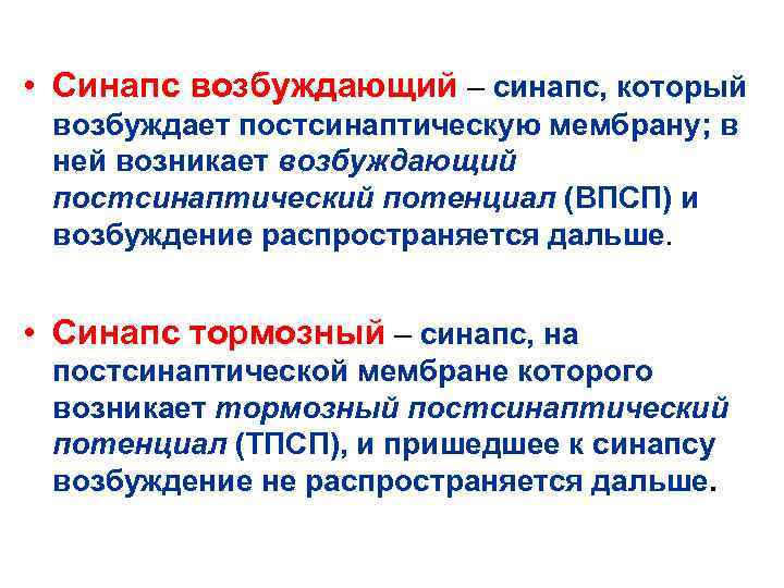  • Синапс возбуждающий – синапс, который возбуждает постсинаптическую мембрану; в ней возникает возбуждающий