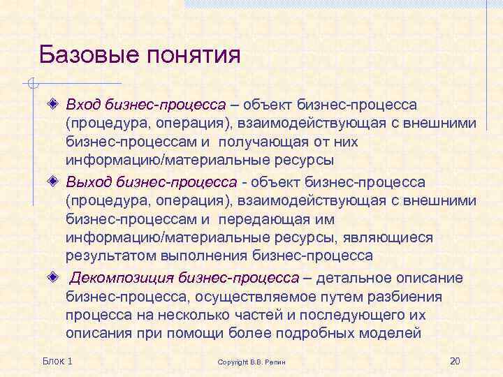 Базовые понятия Вход бизнес-процесса – объект бизнес-процесса (процедура, операция), взаимодействующая с внешними бизнес-процессам и