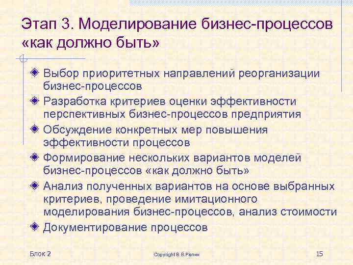 Этап 3. Моделирование бизнес-процессов «как должно быть» Выбор приоритетных направлений реорганизации бизнес-процессов Разработка критериев