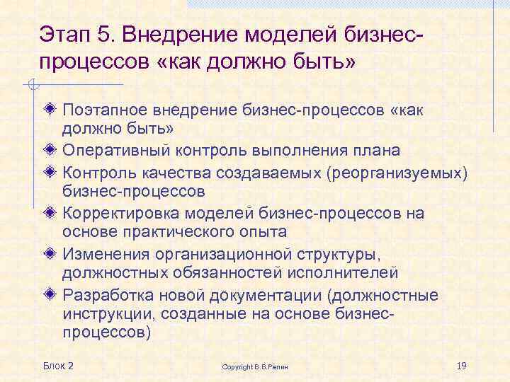 Этап 5. Внедрение моделей бизнеспроцессов «как должно быть» Поэтапное внедрение бизнес-процессов «как должно быть»