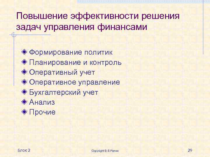 Повышение эффективности решения задач управления финансами Формирование политик Планирование и контроль Оперативный учет Оперативное