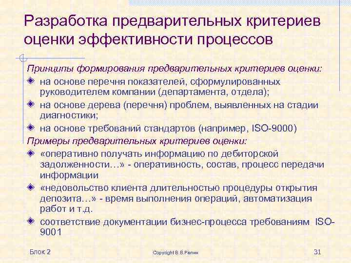 Разработка предварительных критериев оценки эффективности процессов Принципы формирования предварительных критериев оценки: на основе перечня