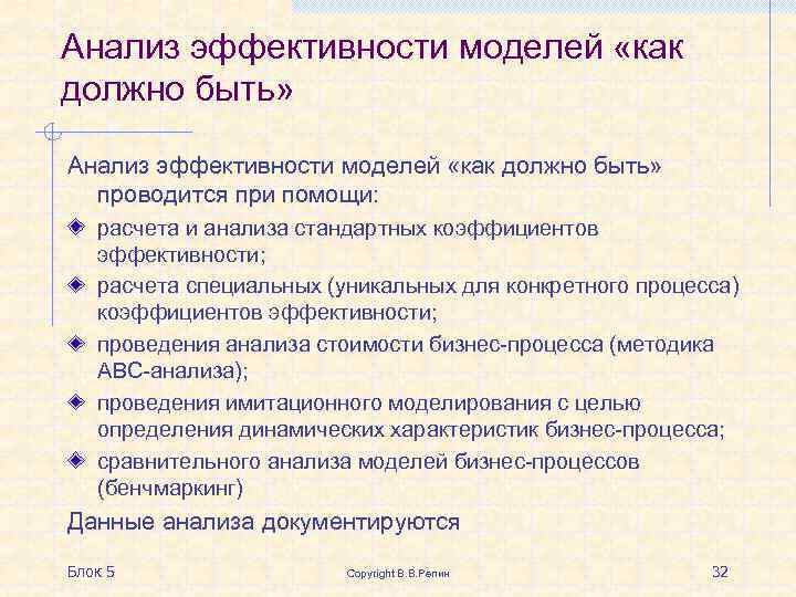 Анализ эффективности моделей «как должно быть» проводится при помощи: расчета и анализа стандартных коэффициентов