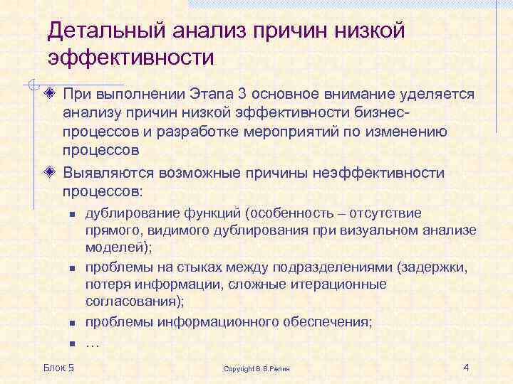 Детальный анализ причин низкой эффективности При выполнении Этапа 3 основное внимание уделяется анализу причин