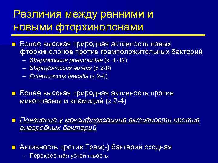 Различия между ранними и новыми фторхинолонами n Более высокая природная активность новых фторхинолонов против
