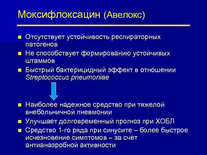 Моксифлоксацин (Авелокс) Отсутствует устойчивость респираторных патогенов n Не способствует формированию устойчивых штаммов n Быстрый