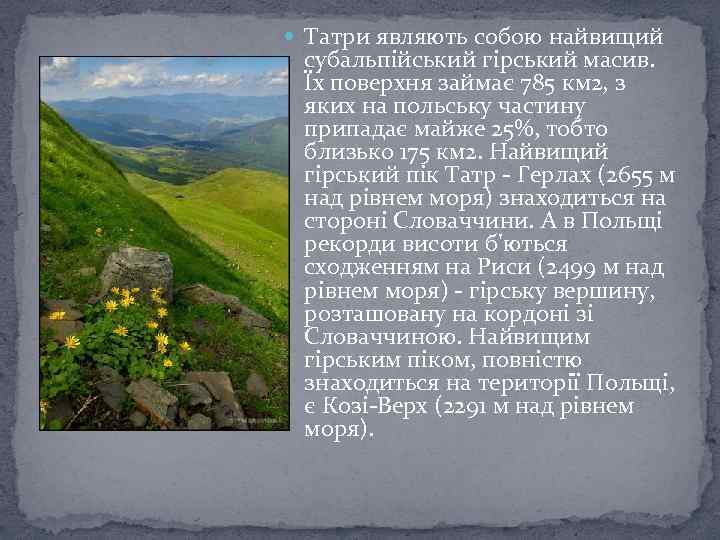  Татри являють собою найвищий субальпійський гірський масив. Їх поверхня займає 785 км 2,