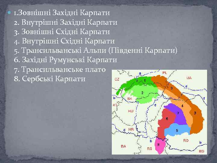  1. Зовнішні Західні Карпати 2. Внутрішні Західні Карпати 3. Зовнішні Східні Карпати 4.