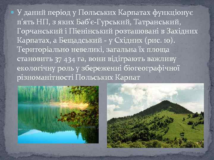  У даний період у Польських Карпатах функціонує п'ять НП, з яких Баб'є-Гурський, Татранський,