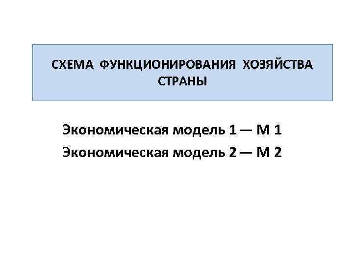 СХЕМА ФУНКЦИОНИРОВАНИЯ ХОЗЯЙСТВА СТРАНЫ Экономическая модель 1 ― М 1 Экономическая модель 2 ―