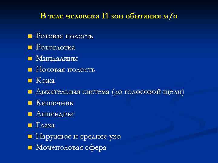 В теле человека 11 зон обитания м/о n n n Ротовая полость Ротоглотка Миндалины