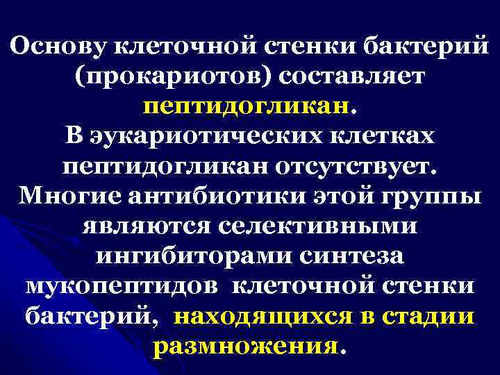 Основу клеточной стенки бактерий (прокариотов) составляет пептидогликан. В эукариотических клетках пептидогликан отсутствует. Многие антибиотики