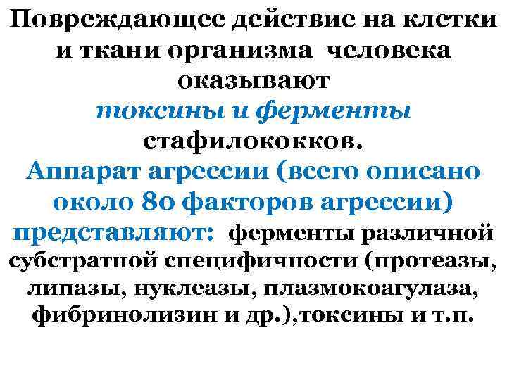 Повреждающее действие на клетки и ткани организма человека оказывают токсины и ферменты стафилококков. Аппарат