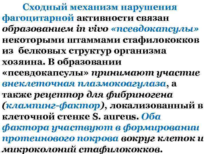 Сходный механизм нарушения фагоцитарной активности связан образованием in vivo «псевдокапсулы» некоторыми штаммами стафилококков из