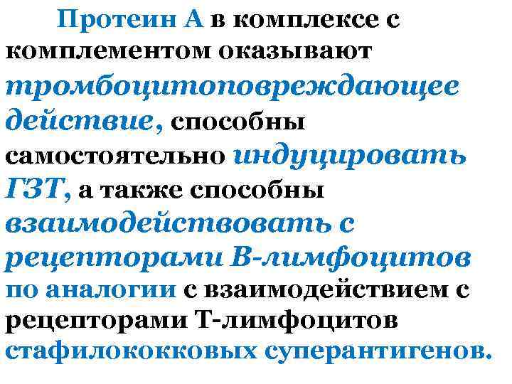 Протеин А в комплексе с комплементом оказывают тромбоцитоповреждающее действие, способны самостоятельно индуцировать ГЗТ, а