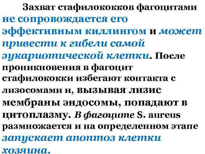 Захват стафилококков фагоцитами не сопровождается его эффективным киллингом и может привести к гибели самой