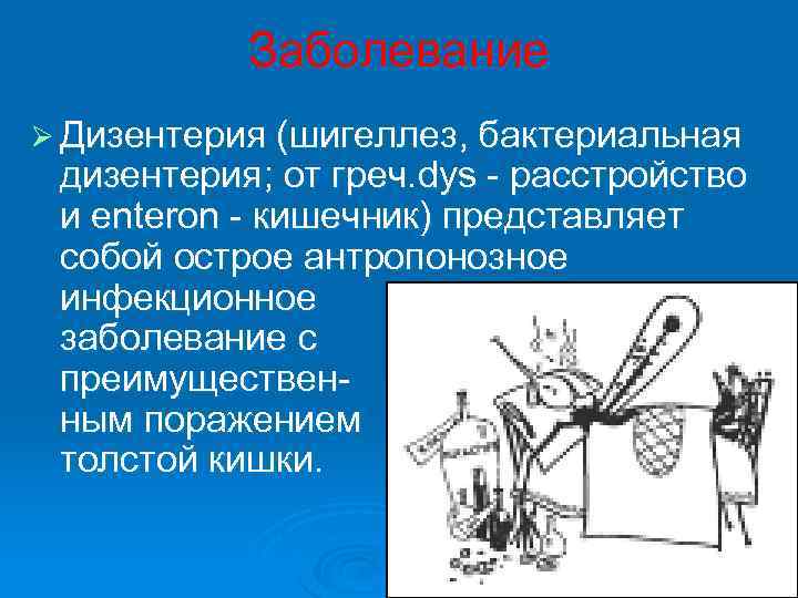 Заболевание Ø Дизентерия (шигеллез, бактериальная дизентерия; от греч. dys - расстройство и enteron -