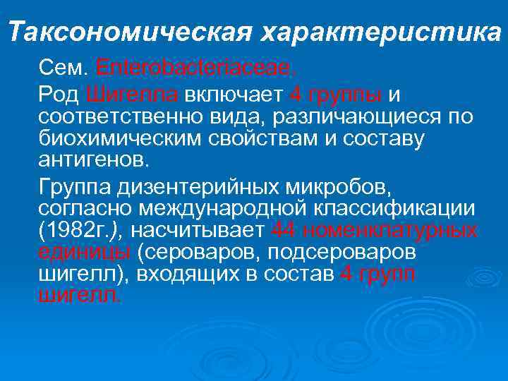 Таксономическая характеристика Сем. Enterobacteriaceae. Род Шигелла включает 4 группы и соответственно вида, различающиеся по
